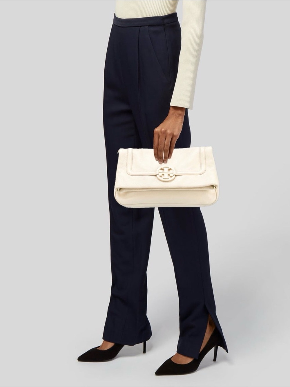 Tory Burch Amanda Fold-Over Clutch Ivory Cream Pebbled Leather Tonal Hardware